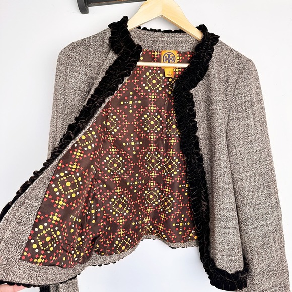TORY BURCH Women Brown Wool Velvet Jacket 10 Tweed - Picture 3 of 8